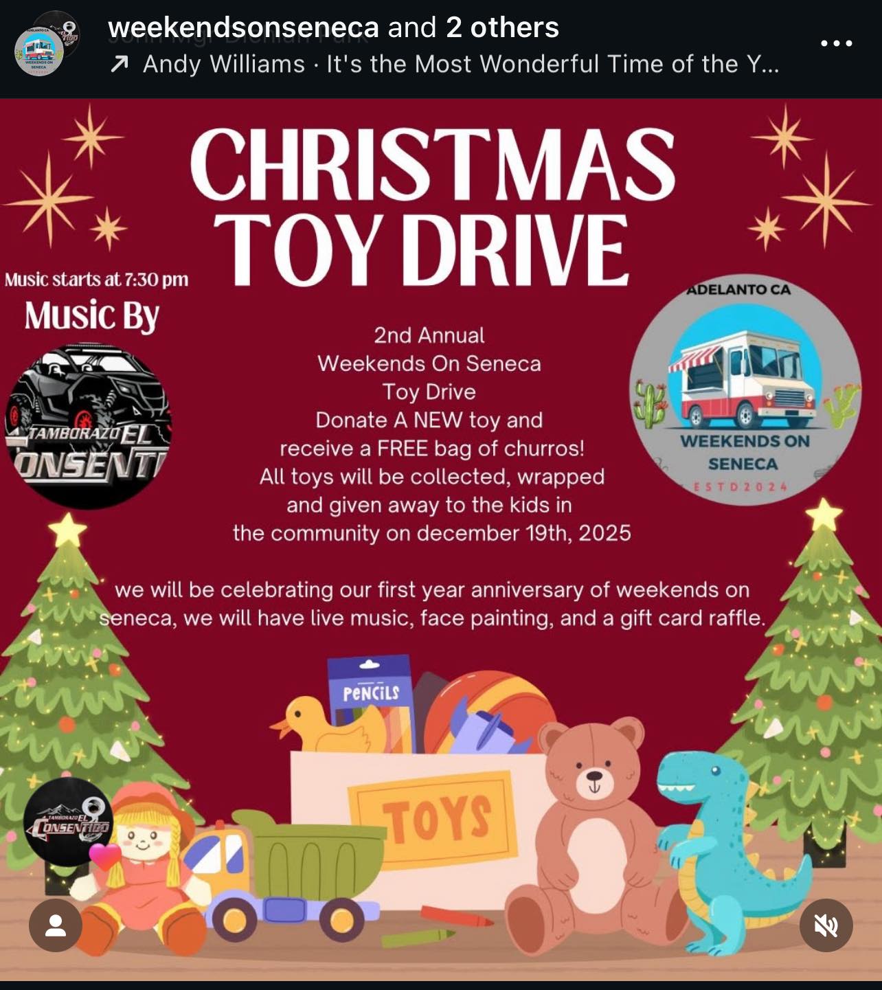 Christmas Toy Drive flyer for the 2nd Annual Weekends on Seneca event in Adelanto, CA, featuring donation details, free churros offer, toy collection date of December 19, 2025, live music by Tamborazo El Consentido, holiday graphics with Christmas trees, toys, and event celebration information.