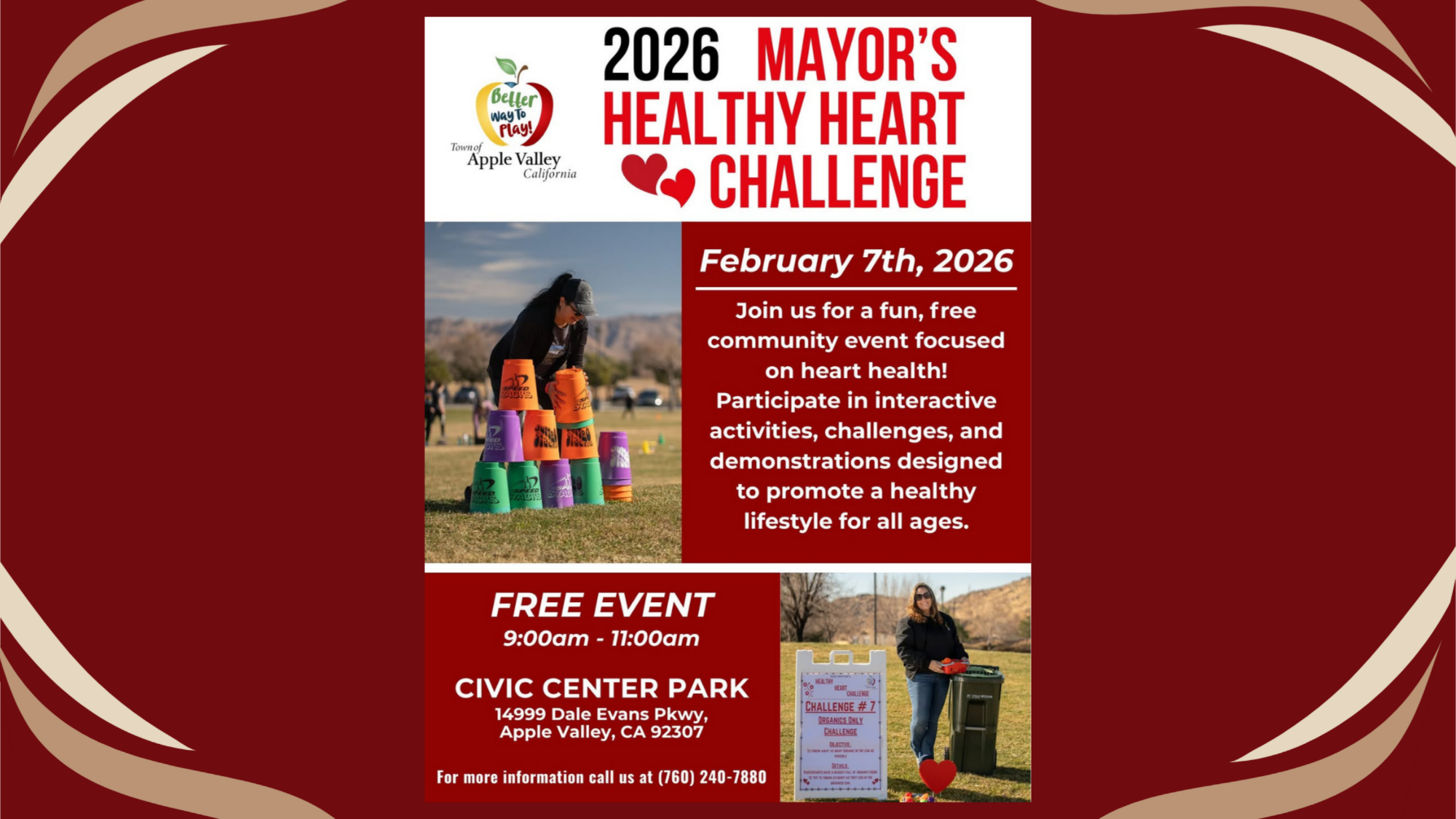 Flyer for the 2026 Mayor’s Healthy Heart Challenge hosted by the Town of Apple Valley. The flyer highlights a free community heart health event on February 7, 2026, from 9:00 to 11:00 AM at Civic Center Park, 14999 Dale Evans Parkway in Apple Valley. Images show participants completing fitness challenges and interactive activities promoting healthy lifestyles.