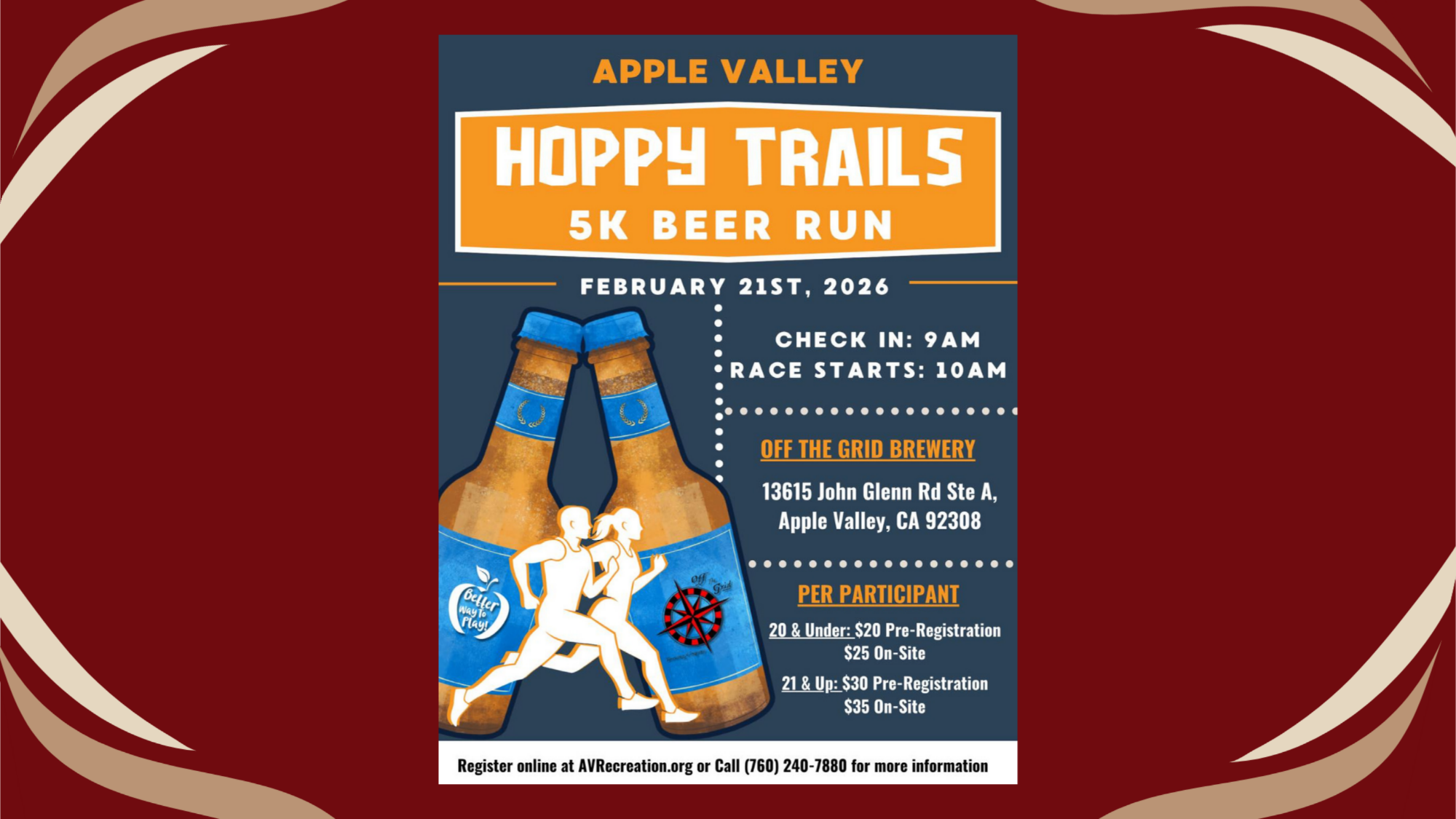 Event poster for the Apple Valley Hoppy Trails 5K Beer Run on February 21, 2026, featuring two beer bottles, running silhouettes, event times, location at Off the Grid Brewery, and registration details.