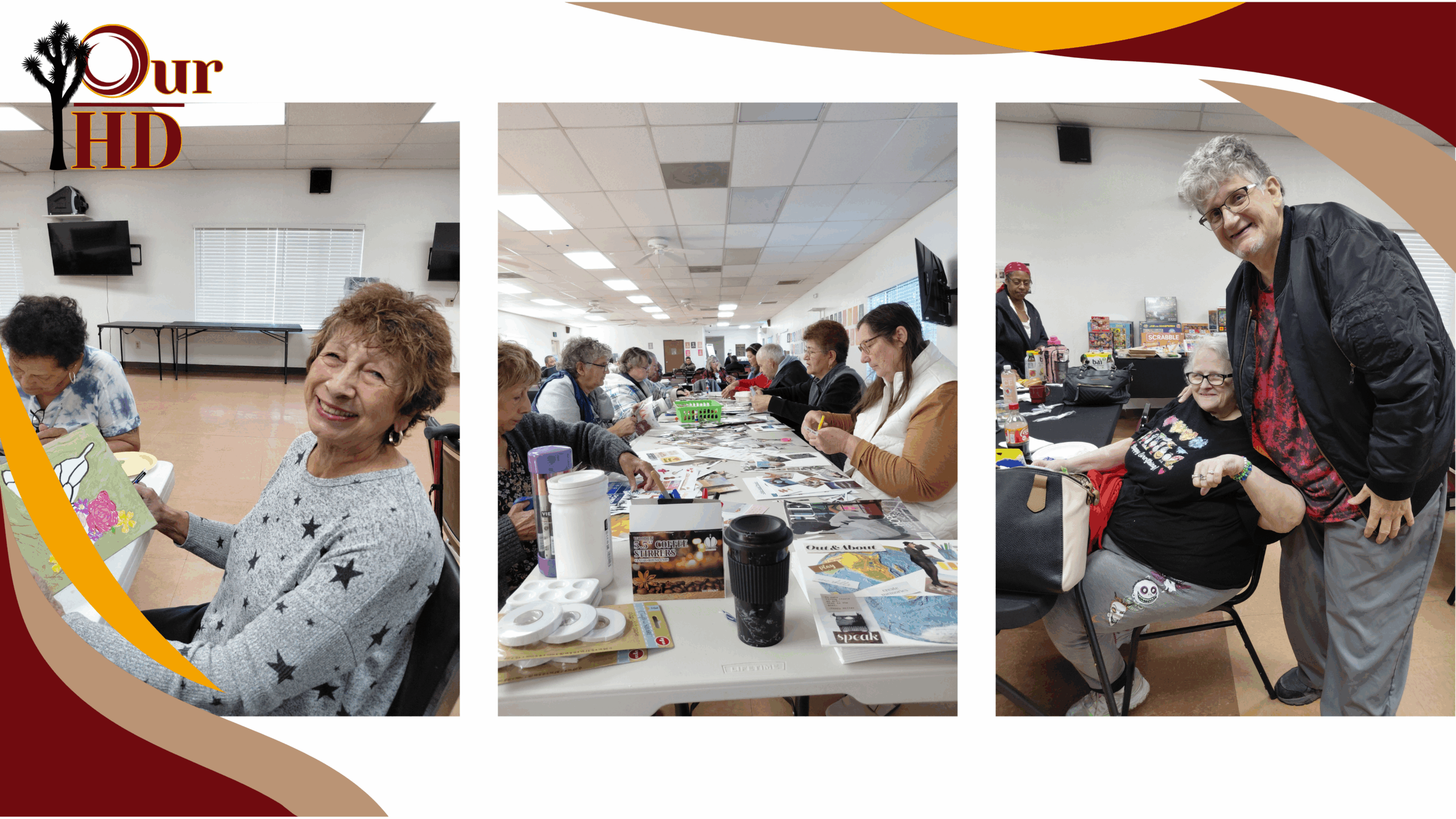 Collage featuring seniors at the Senior Center of Adelanto participating in arts and crafts, group activities at long tables, and smiling together during a social gathering inside the center.