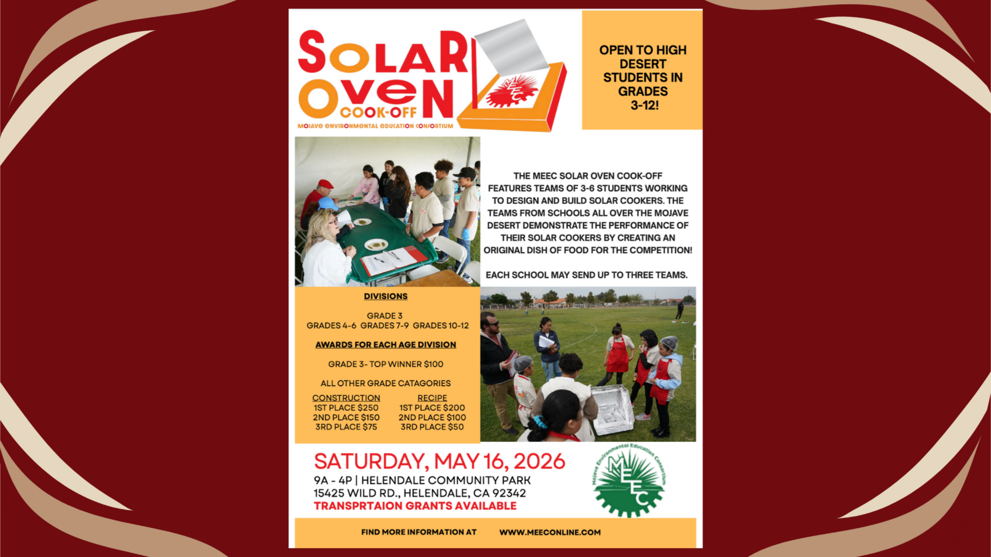 Flyer for the 13th Annual MEEC Solar Oven Cook-Off Challenge featuring a solar cooker competition for students in grades 3–12. The event takes place Saturday, May 16, 2026, from 9:00 AM to 4:00 PM at Helendale Community Park in Helendale, California. Flyer highlights student teams designing and building solar ovens, preparing original dishes using solar energy, grade divisions, prizes, transportation grants, and provided lunch and snacks.