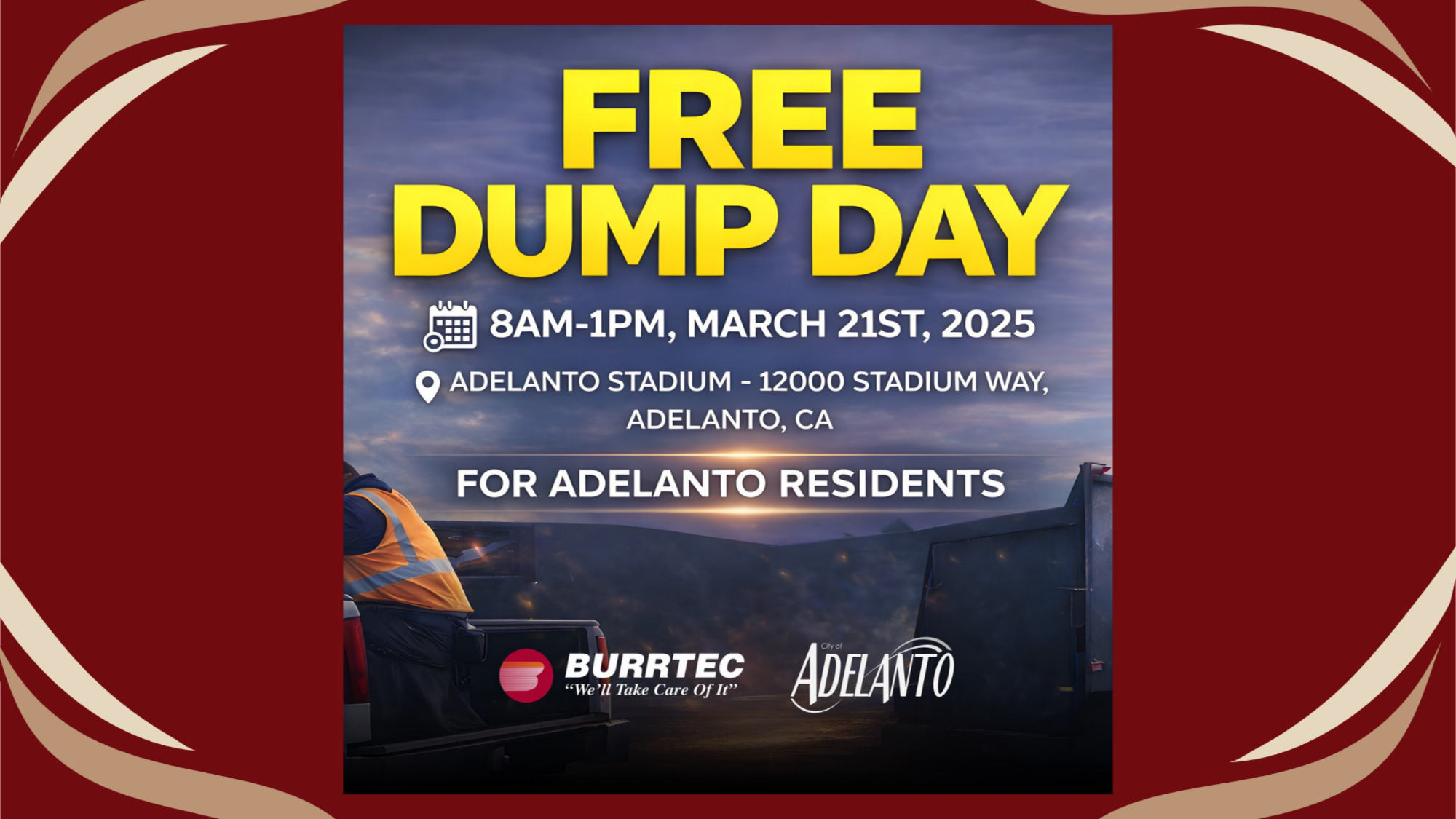 Flyer advertising a Free Dump Day for Adelanto residents, March 21, 8 AM–1 PM at Adelanto Stadium, with Burrtec and City of Adelanto logos.