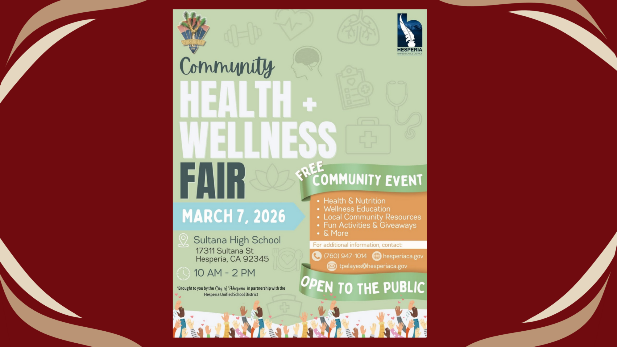 Flyer for the Community Health & Wellness Fair on March 7, 2026 at Sultana High School in Hesperia from 10 AM to 2 PM, featuring a free public event with health and nutrition information, wellness education, local community resources, activities, and giveaways, hosted by the City of Hesperia and Hesperia Unified School District.