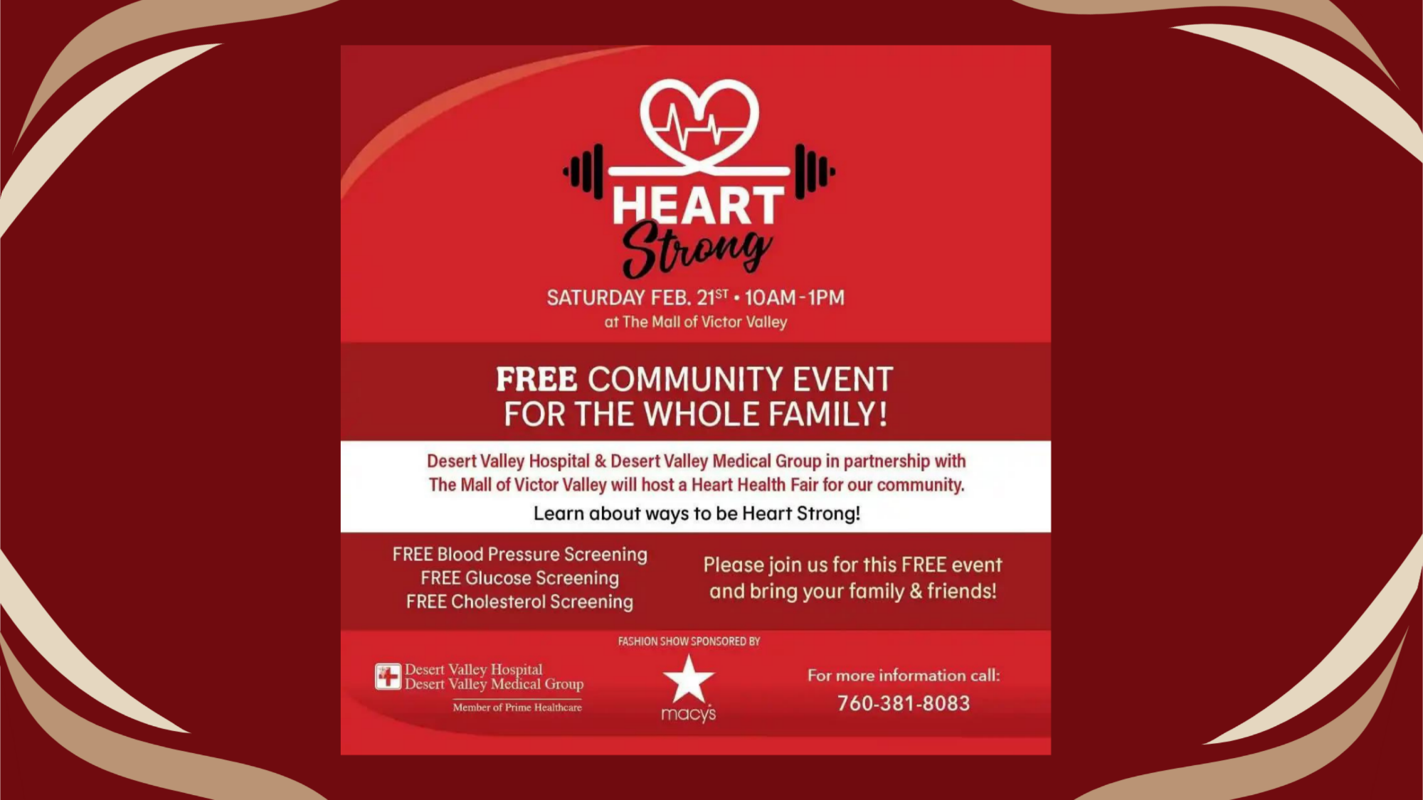 Red event flyer titled “Heart Strong” with a heart and barbell graphic, advertising a free community heart health fair on Saturday, Feb. 21 from 10 a.m.–1 p.m. at the Mall of Victor Valley, featuring free blood pressure, glucose, and cholesterol screenings.