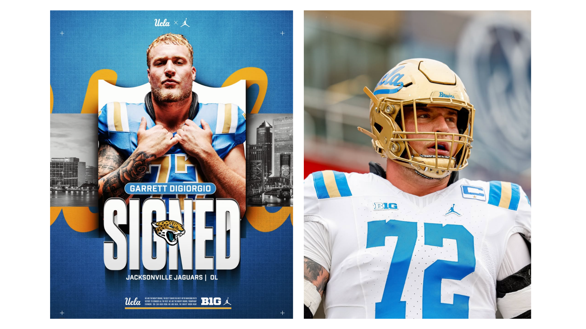 JacksonvilleJags Side-by-side images of UCLA football player Garrett DiGiorgio: a graphic announcing he signed with the Jacksonville Jaguars and a photo of him in uniform wearing a helmet on the field.
