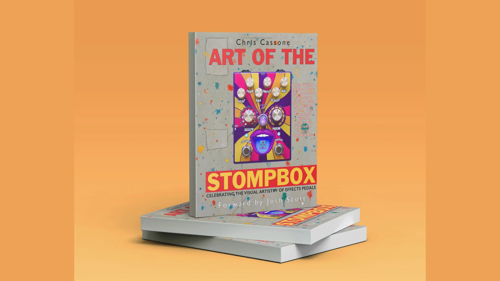 Promotional image featuring stacked copies of Art of the Stompbox by Chris Cassone, a book celebrating the visual artistry and creative designs of guitar effects pedals.