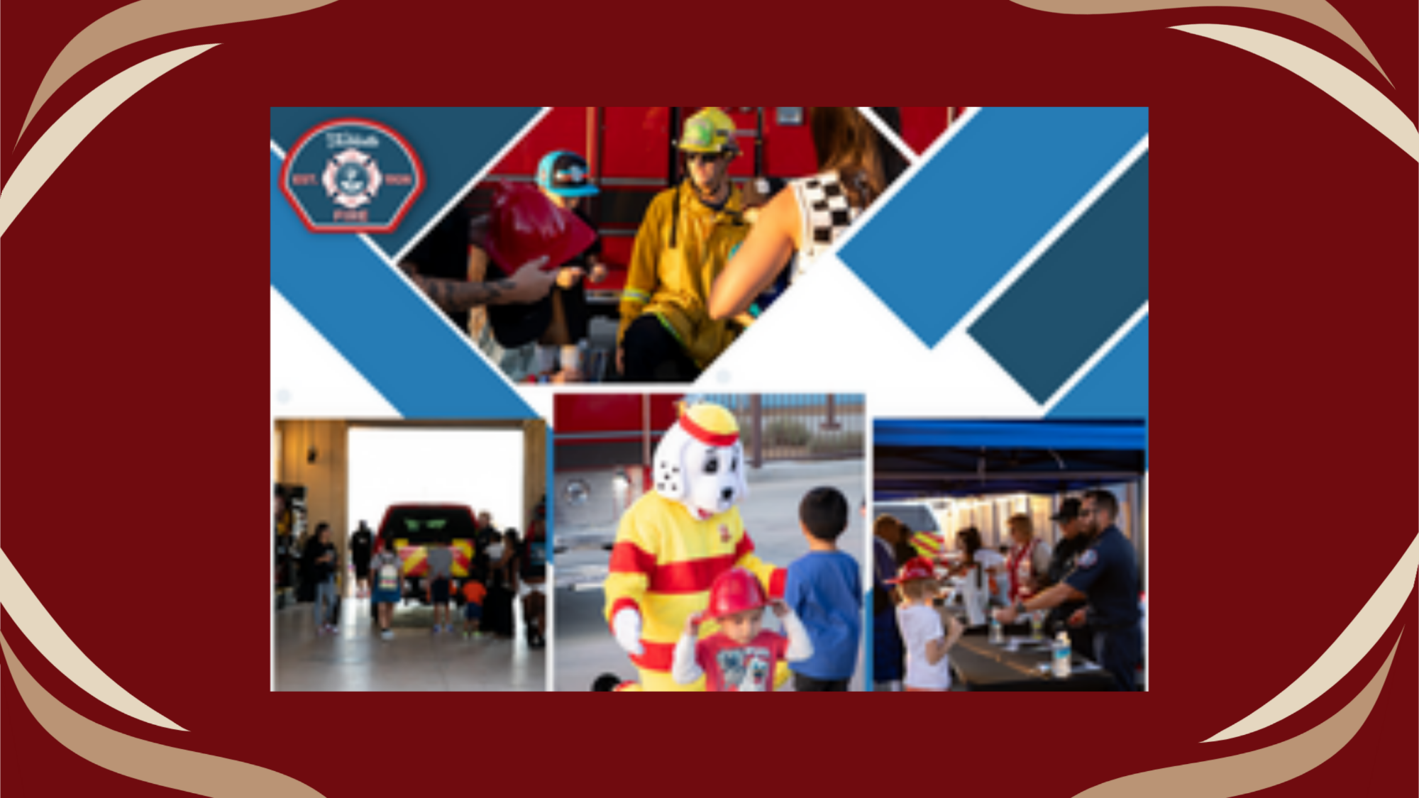 Flyer with firefighters, a dalmation mascot, and fire engines.