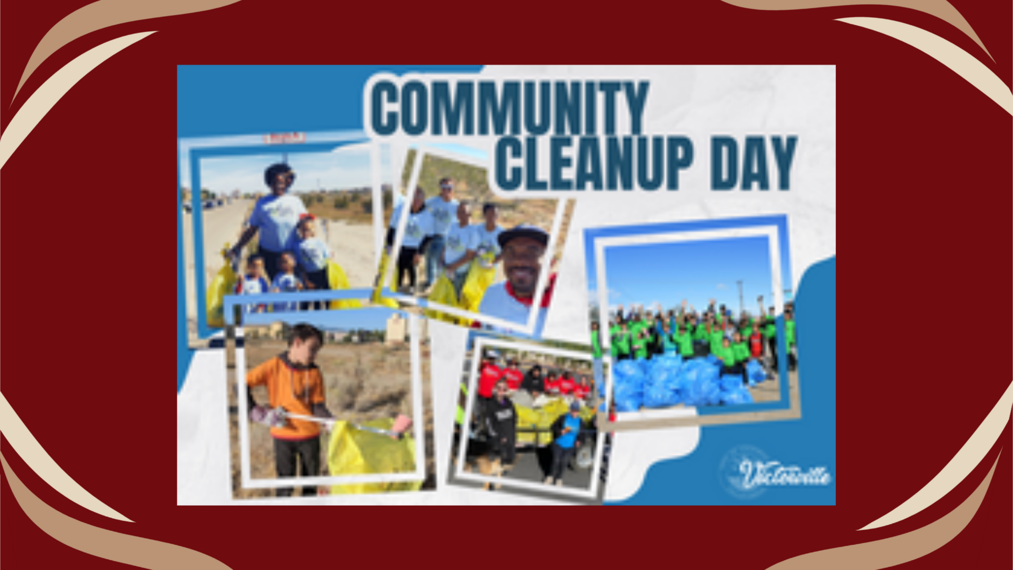 Graphic with people cleaning up trash reading "Community Cleanup Day"